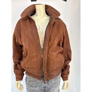 Vintage Brown Leather Bomber Jacket Plaid Lined Full Zip Womens Large